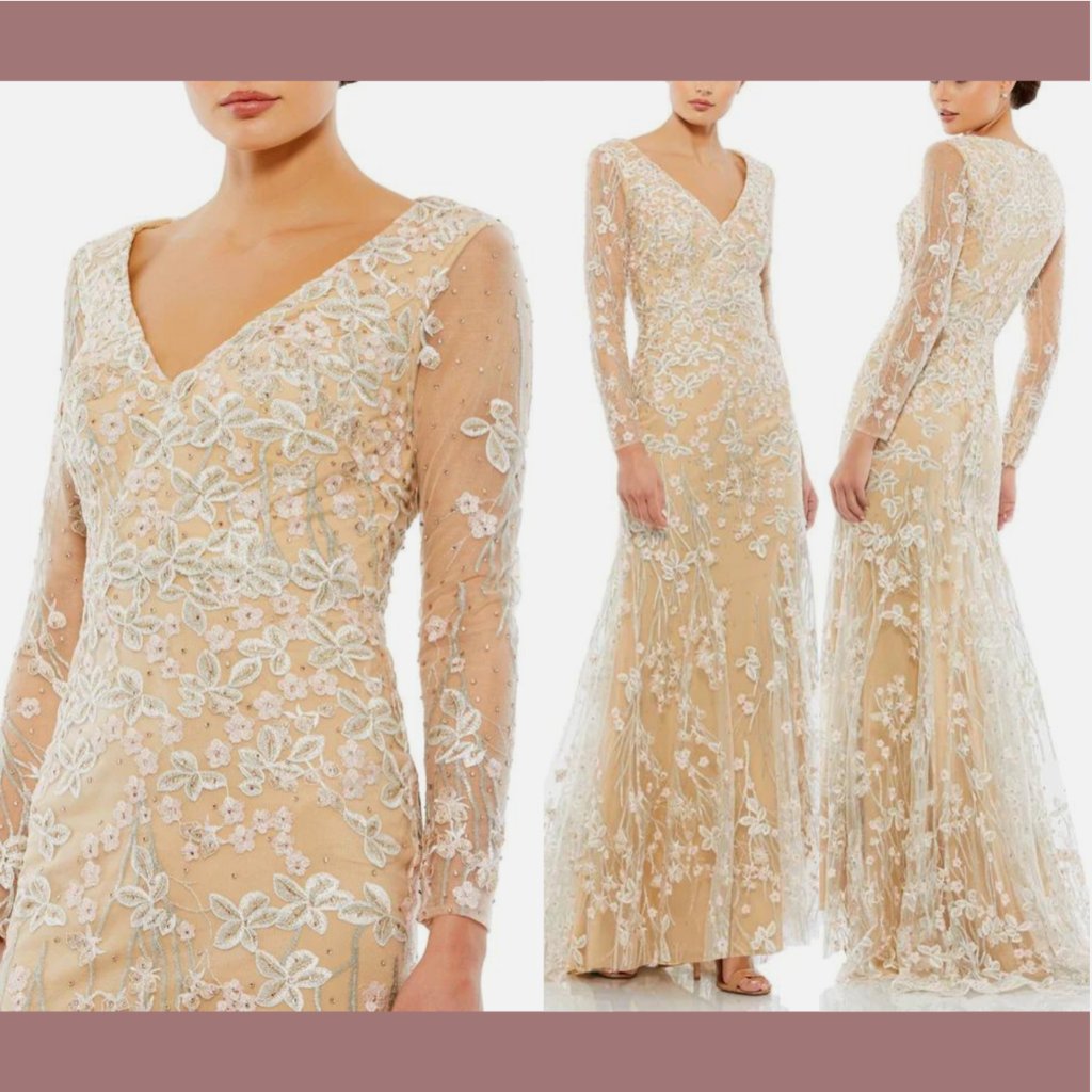 New $798 Mac Duggal [ 6 ] Embroidered Long Sleeve Trumpet Gown Nude Floral